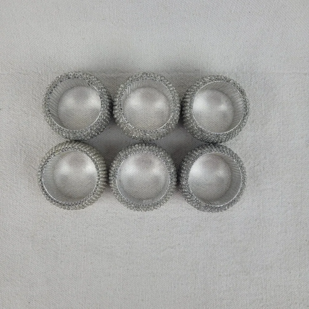 Set of 6 Silver Glass Beaded Napkin Rings Metallic‎ Textured Table Decor